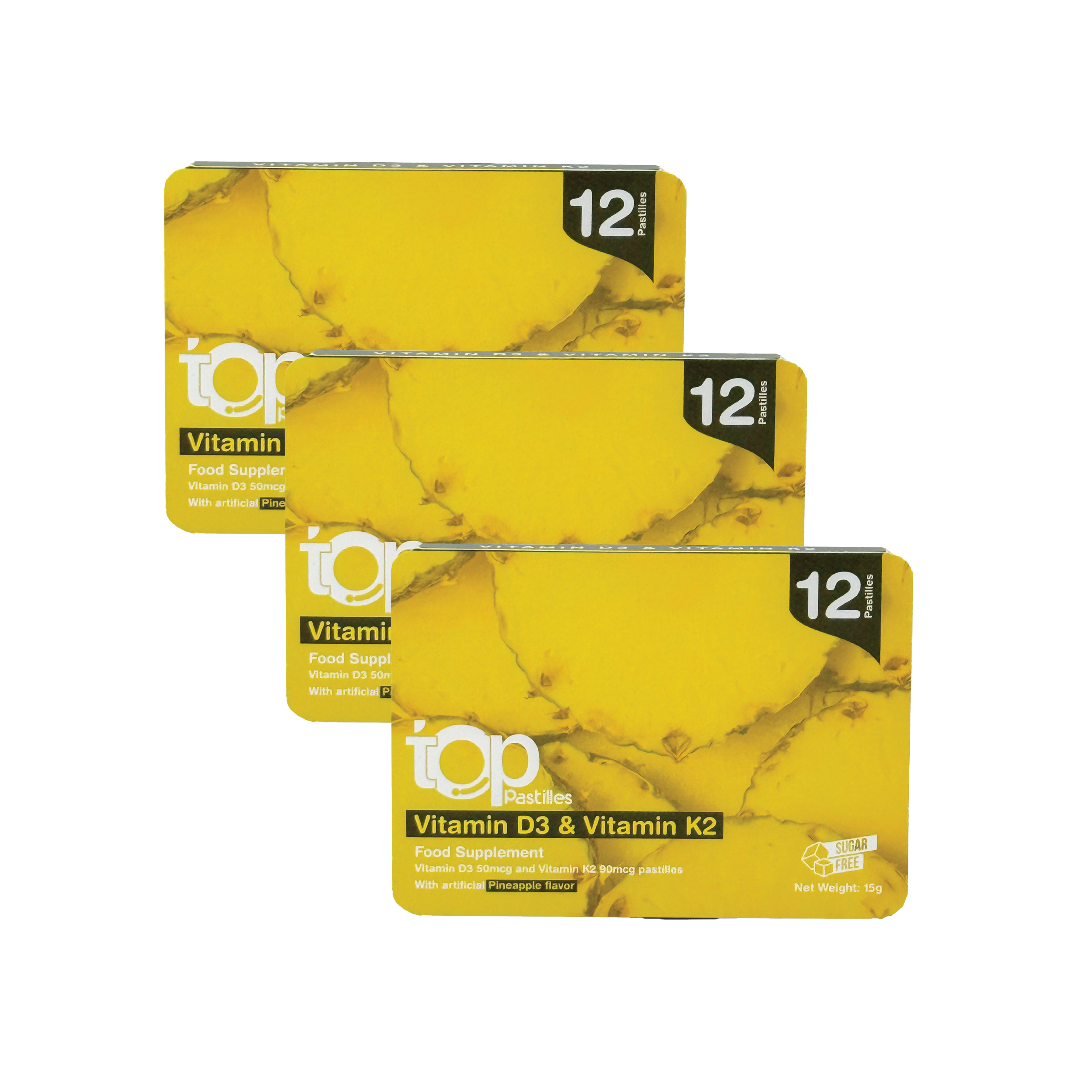  ثلاث عبوات من توب فيتامين D3 وK2 – نكهة الأناناس – 12 قطعة - Pack of 3 Top Vitamin D3 & Vitamin K2 – Pineapple Flavor – 12 Pieces 