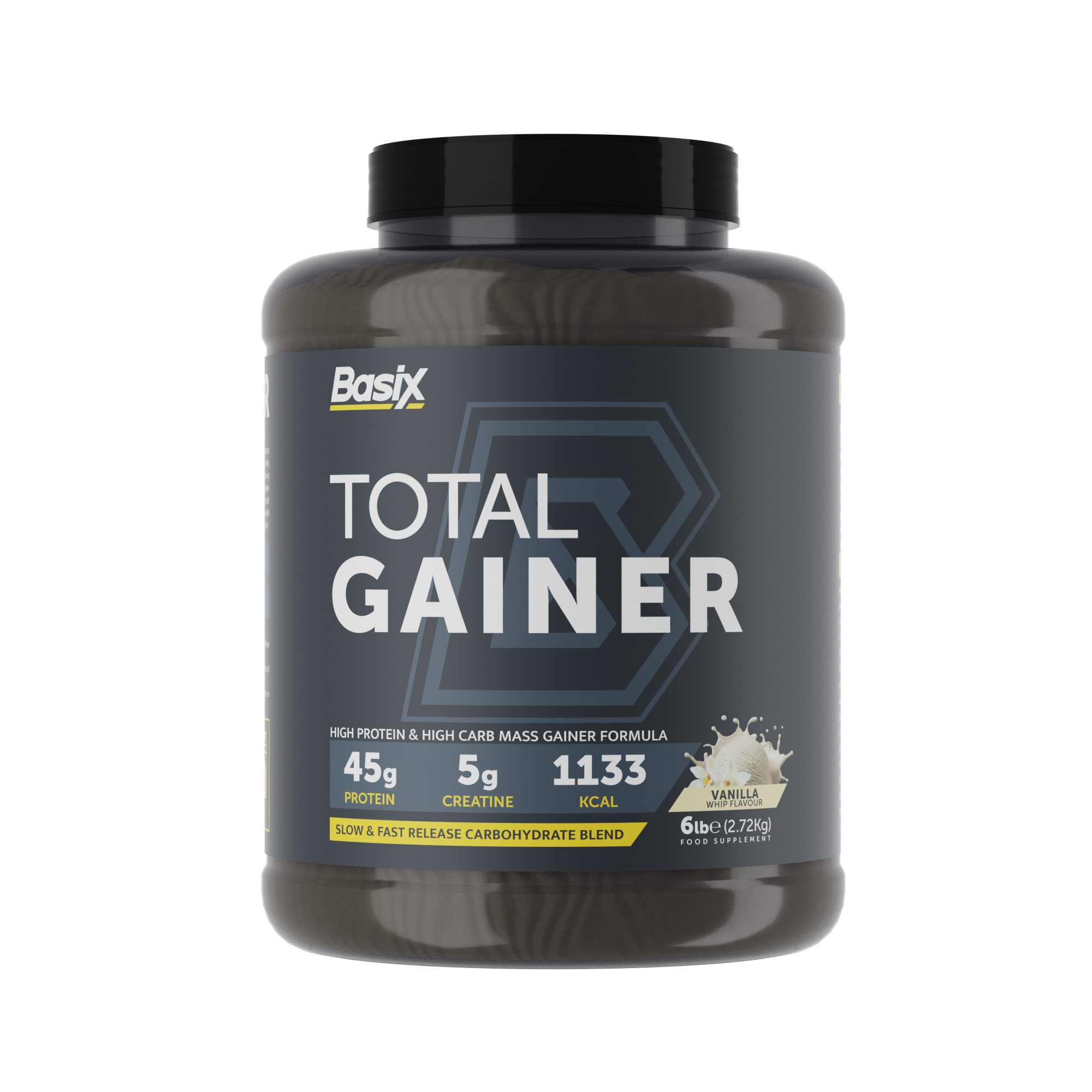  Basix Gain - Total Gainer - Vanilla Whip - 6 LB - بيسكس زيادة الوزن - مكسب الوزن الإجمالي - بنكهة فانيلا- 6 أرطال 