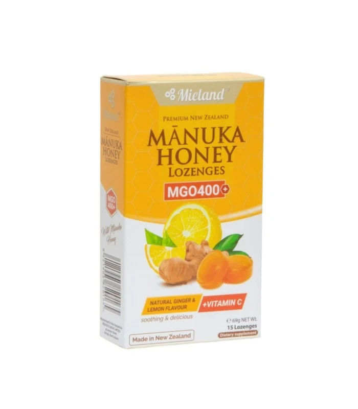  مييلاند اقراص عسل المانوكا بالزنجبيل والليمون تركيز 400 (15 حبه)-MIELAND MANUKA HONEY, LEMON, GINGER +VITAMIN C 15 LOZENGES MGO 400+ 69GM 