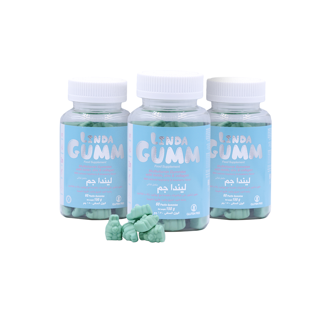  3 عبوات من ليندا جم - بيوتين - 60 قرص مضغ-pack of 3 LindaGum- Biotin- 60 Gummies 