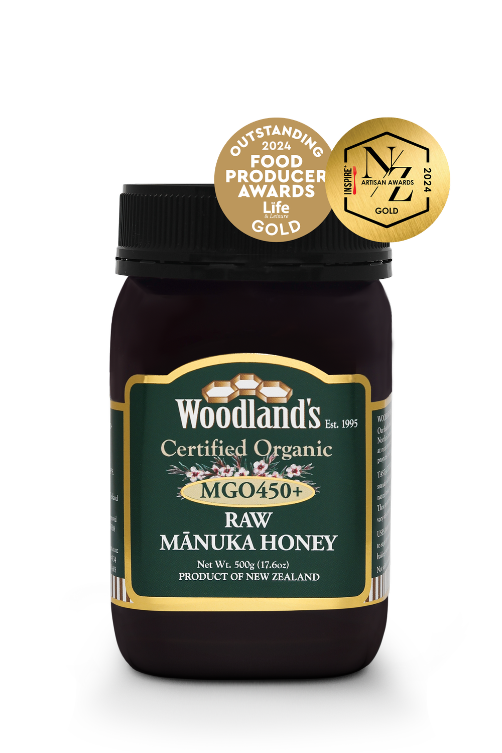  عسل مانوكا العضوي الخام من وودلاند، تركيز MGO450+ 250 جم - Woodland's Mānuka Honey MGO450 + Organic Raw 250g 