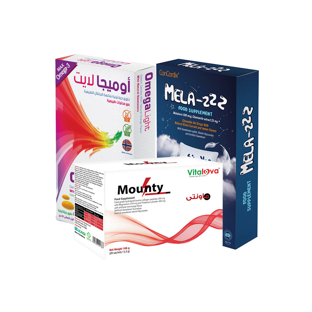  Sleep Package (Mela Z 30 Chewable Drops – Mounty 20 Sachets – Omega Light 30 Chewable Drops) 