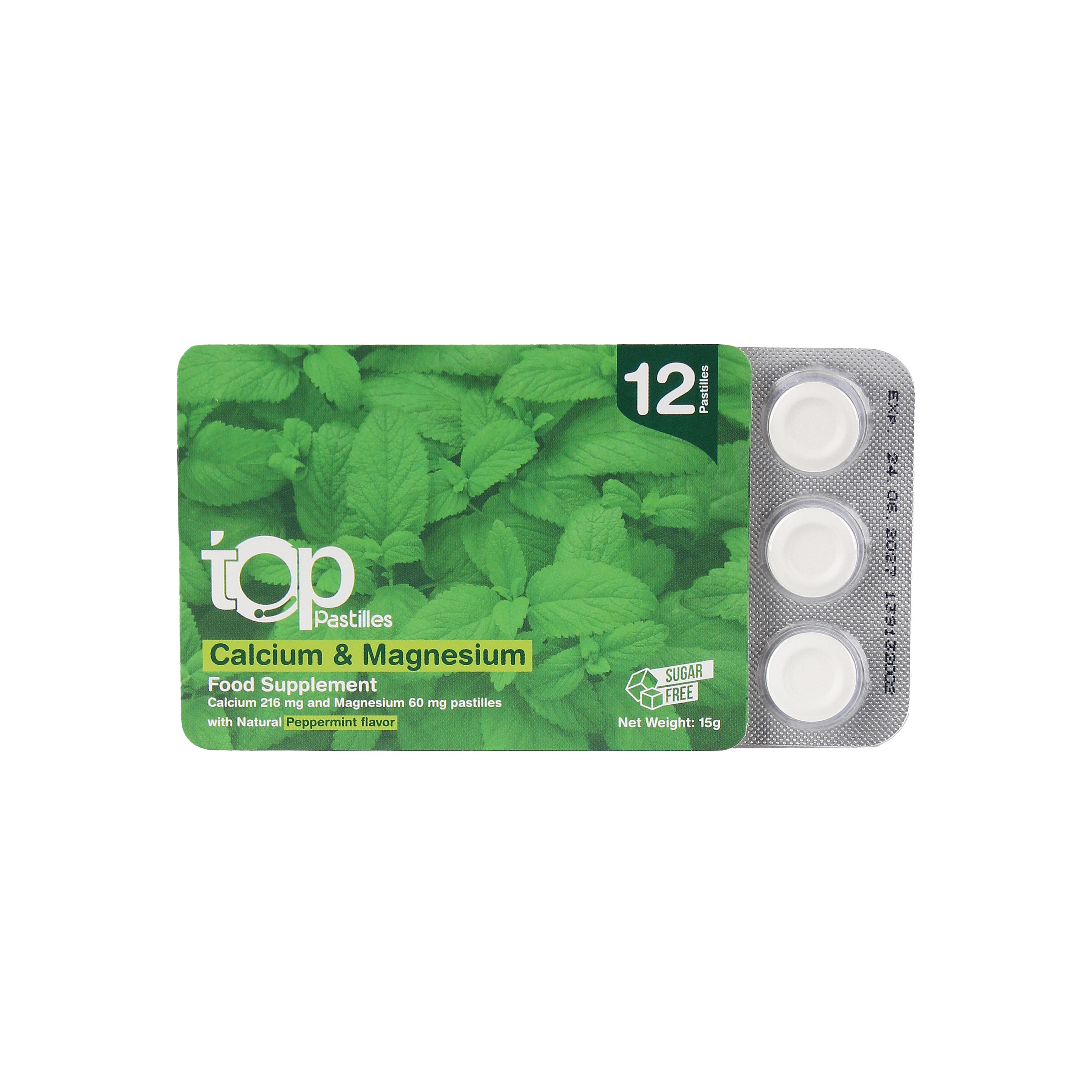  توب كالسيوم وماغنسيوم كالسيوم 216 ملغ وماغنيسيوم 60 ملغ بنكهة النعناع الطبيعي 12 قطعة - Top Calcium and Magnesium Ca 216 mg Mg 60 mg Pastilles Natural Peppermint Flavor 12 Pastilles 