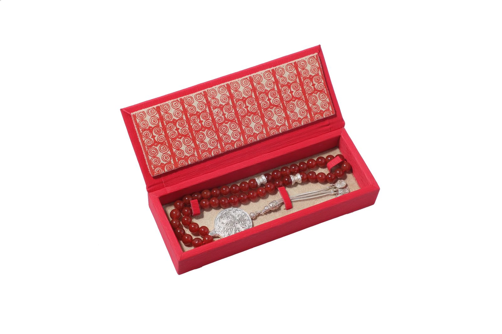 the Prophet’s Mosque Subah Tasbih (Large) - Red Agate with a Luxury Leather Case in the Same Color