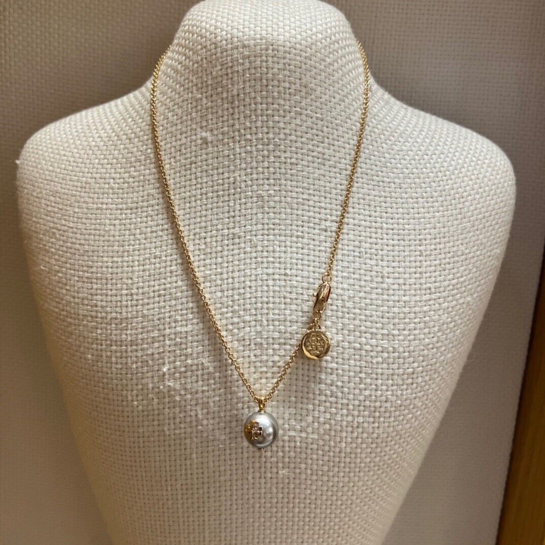  Tory Burch Logo White Pearl Chain Necklace 