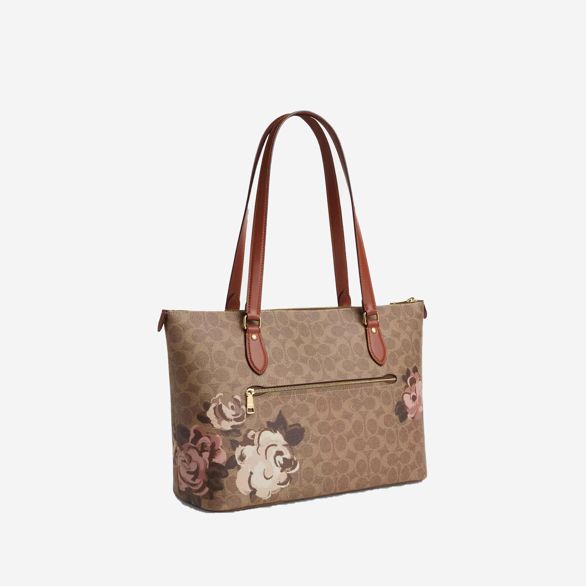  Coach Gallery Tote Bag In Signature Canvas With Rose Print Gold/Tan Multi 