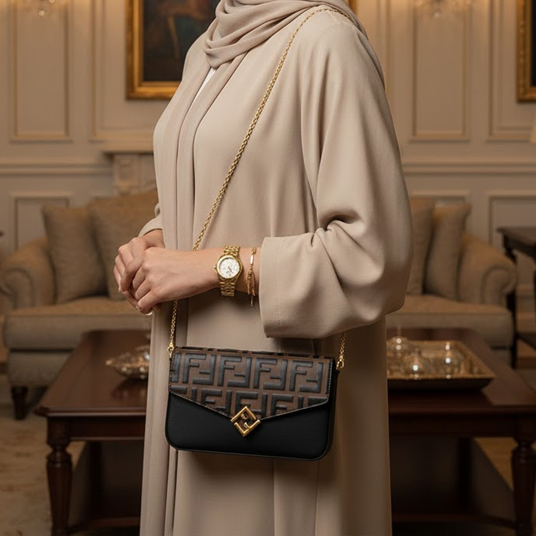  محفظة بسلسلة جلد أسود وبني ماركة فندي (طلب مسبق 14 يوم) 