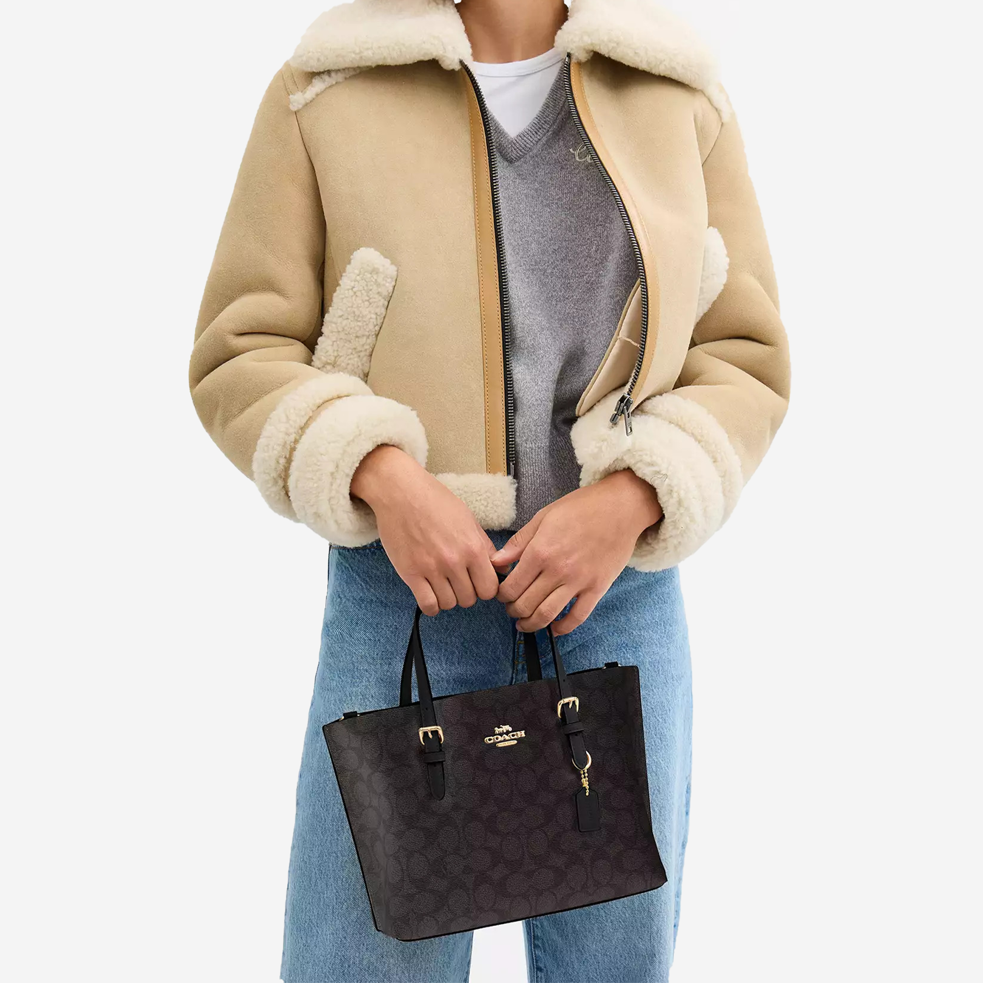  Coach Mollie Tote Bag 25 In Signature Canvas Walnut/Black 