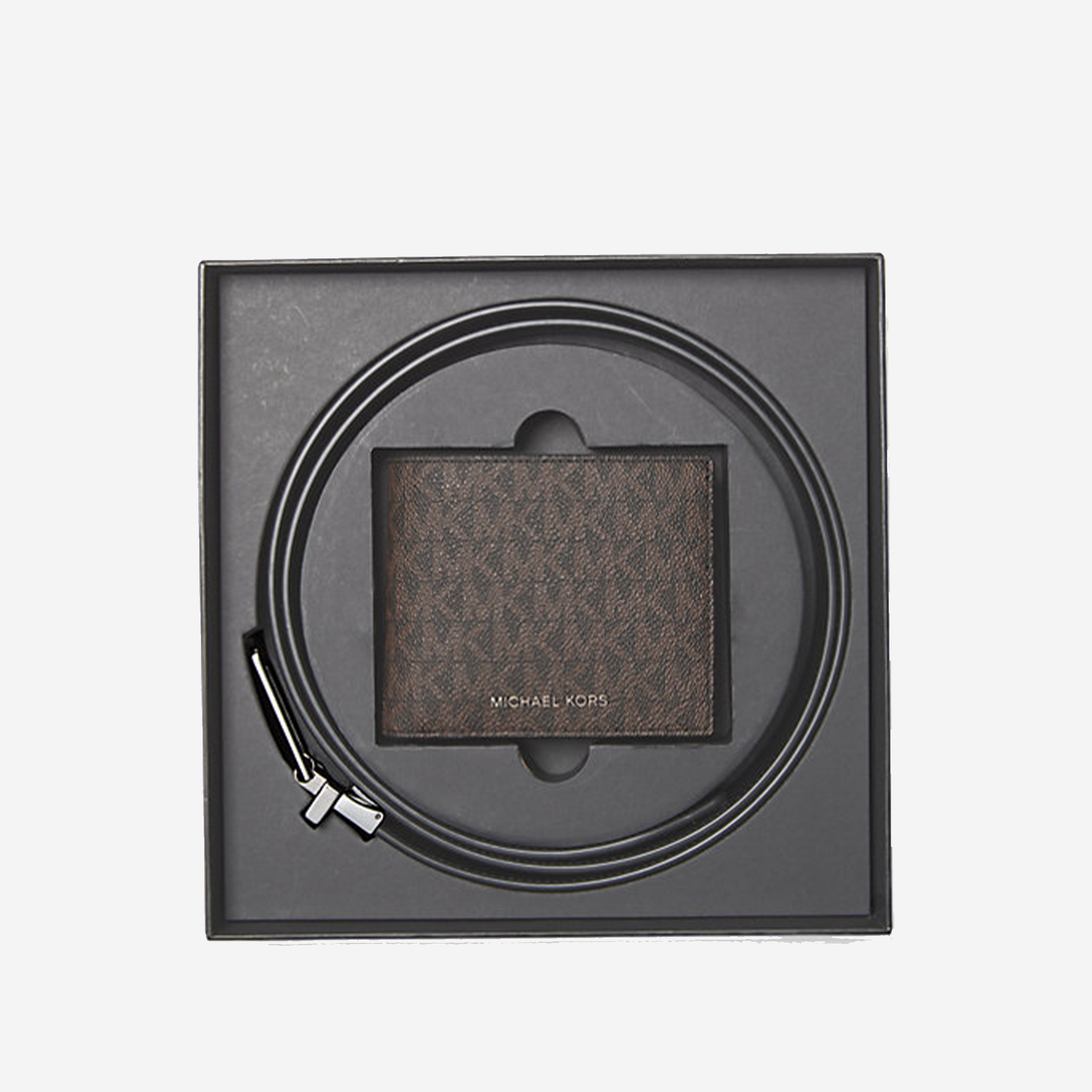  Michael Kors Signature Logo Billfold Wallet and Belt Gift Set Brown / Black 