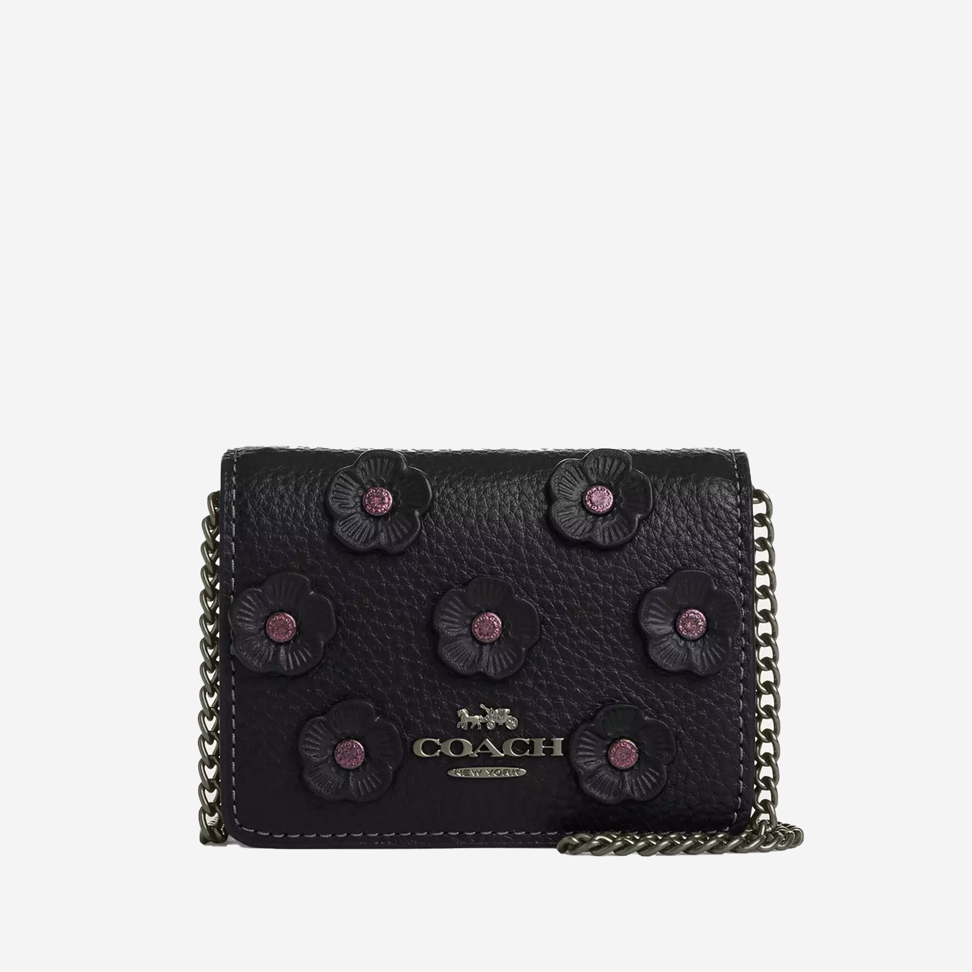   Coach Mini Wallet On A Chain With Floral Applique Gunmetal/Black  