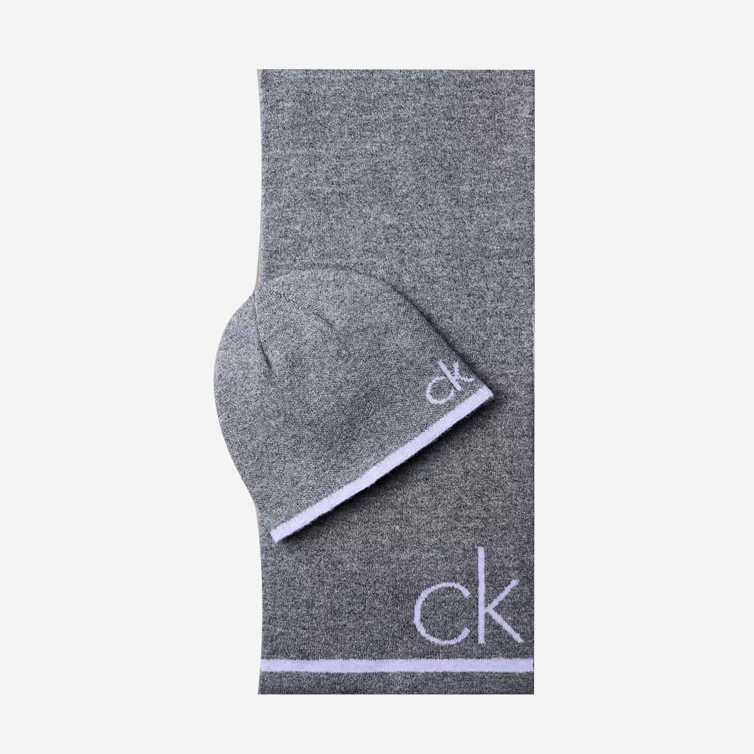  Calvin Klein Flocked Monogram Logo Beanie And Scarf Set Grey 