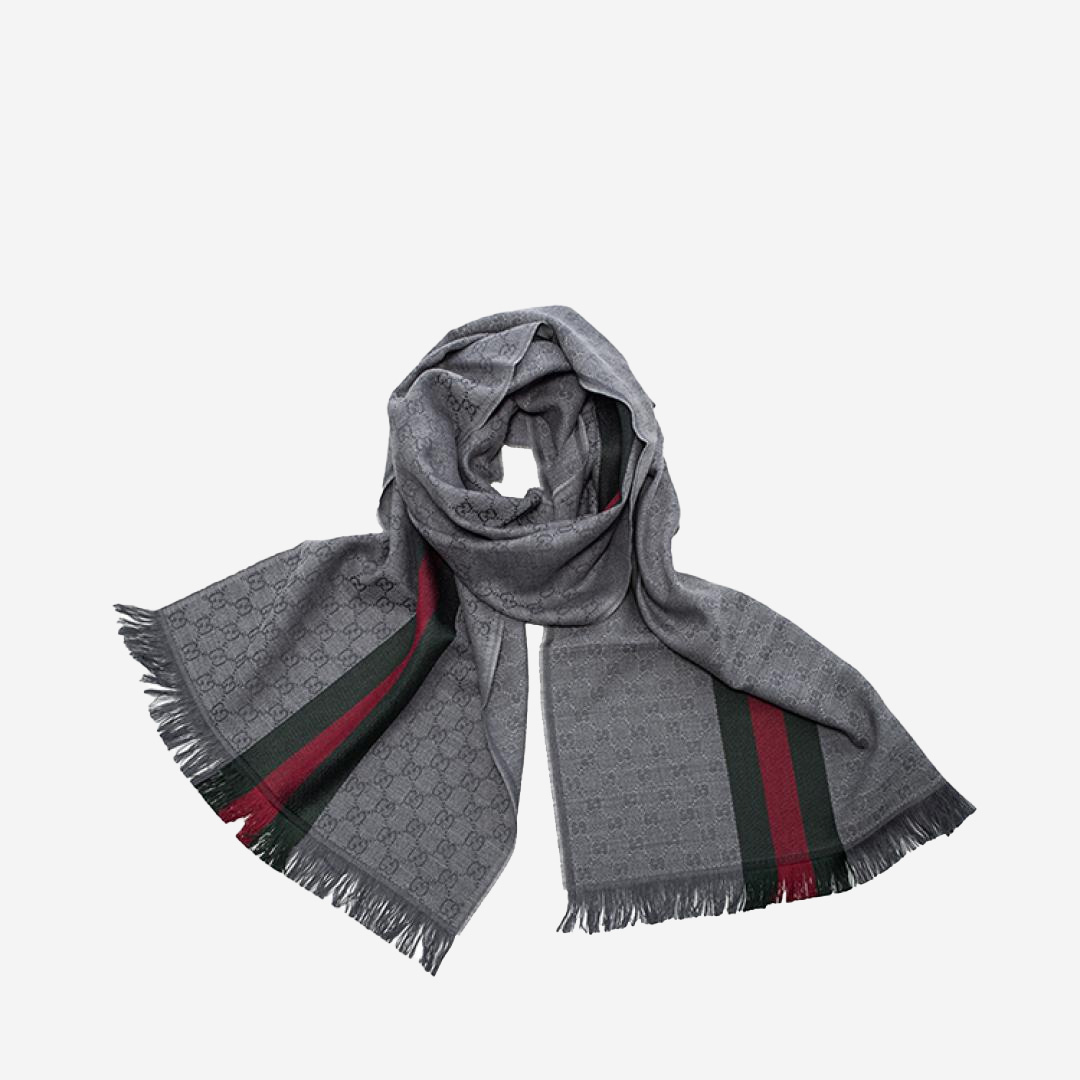  Gucci Monogram Jacquard Silk Scarf Gray 