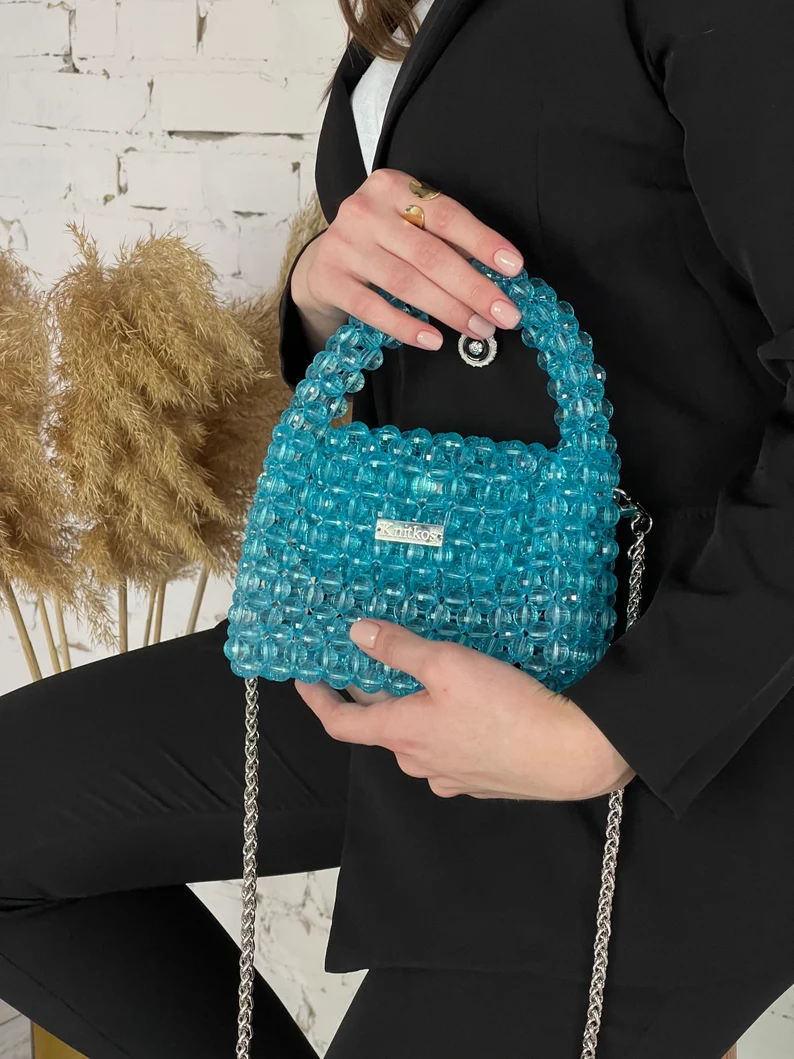  Knitkos Crystal moon bead bag blue with strap silver 