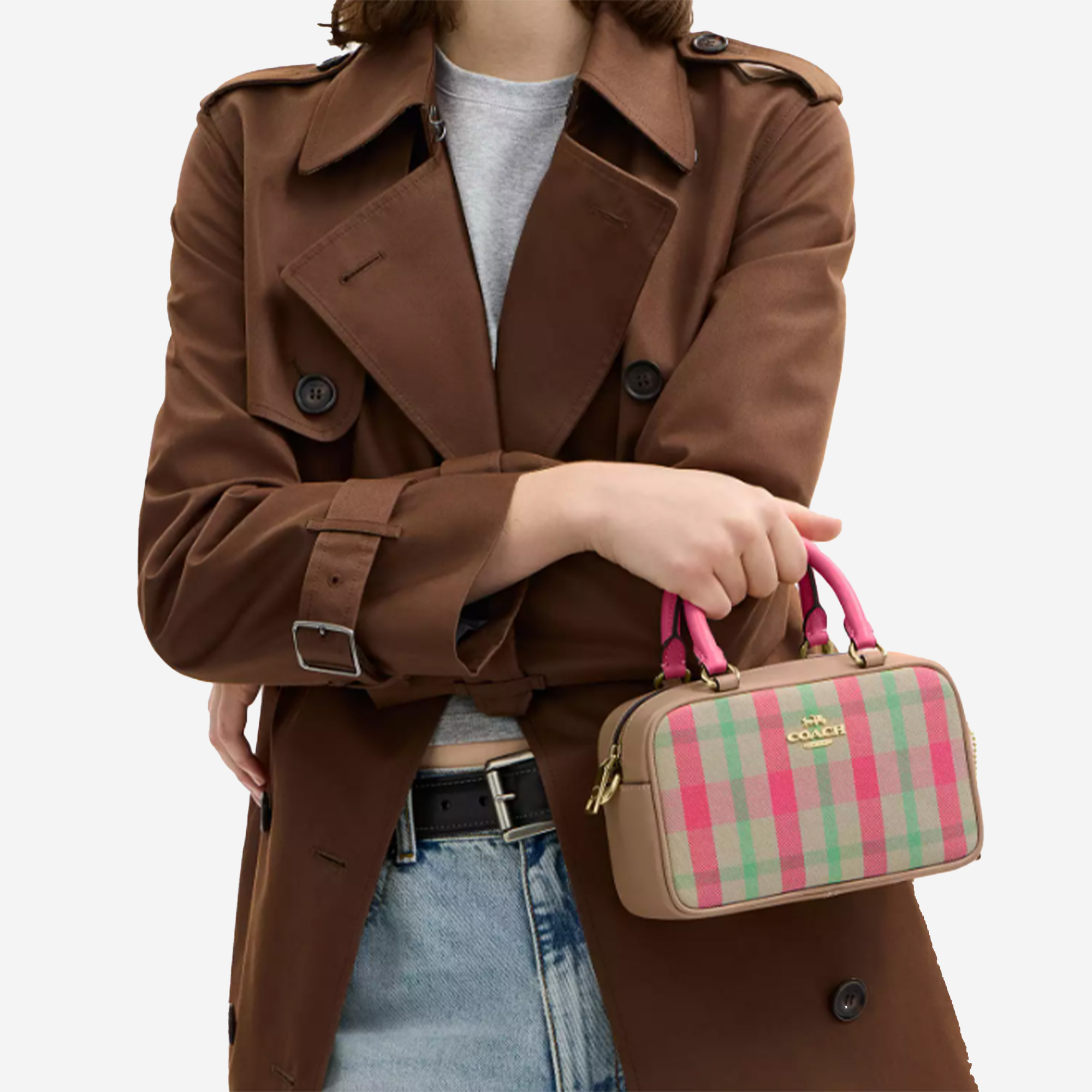  Coach Satchel Crossbody Bag With Plaid Print 