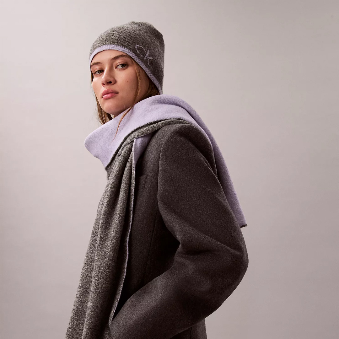  Calvin Klein Flocked Monogram Logo Beanie And Scarf Set Grey 