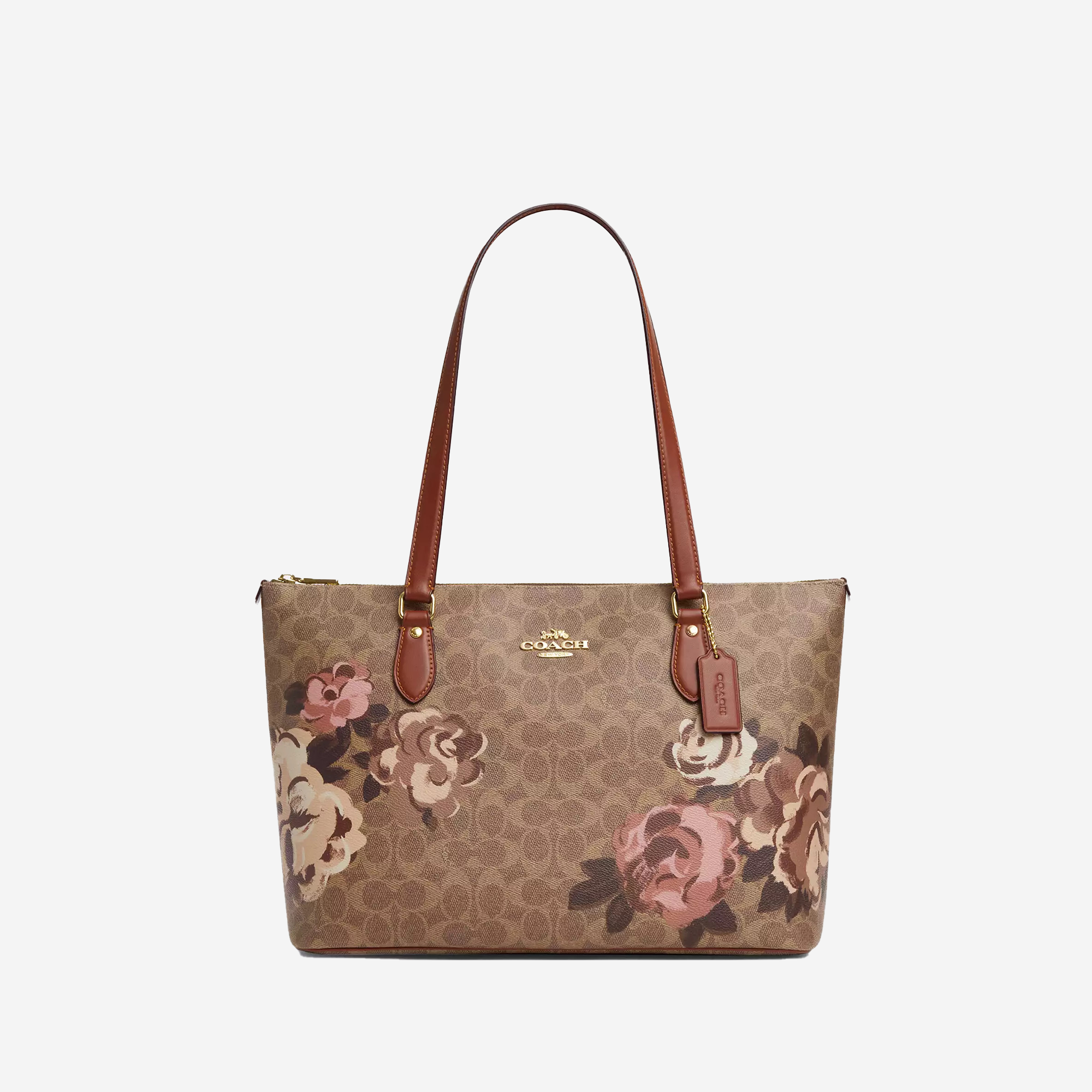  Coach Gallery Tote Bag In Signature Canvas With Rose Print Gold/Tan Multi 