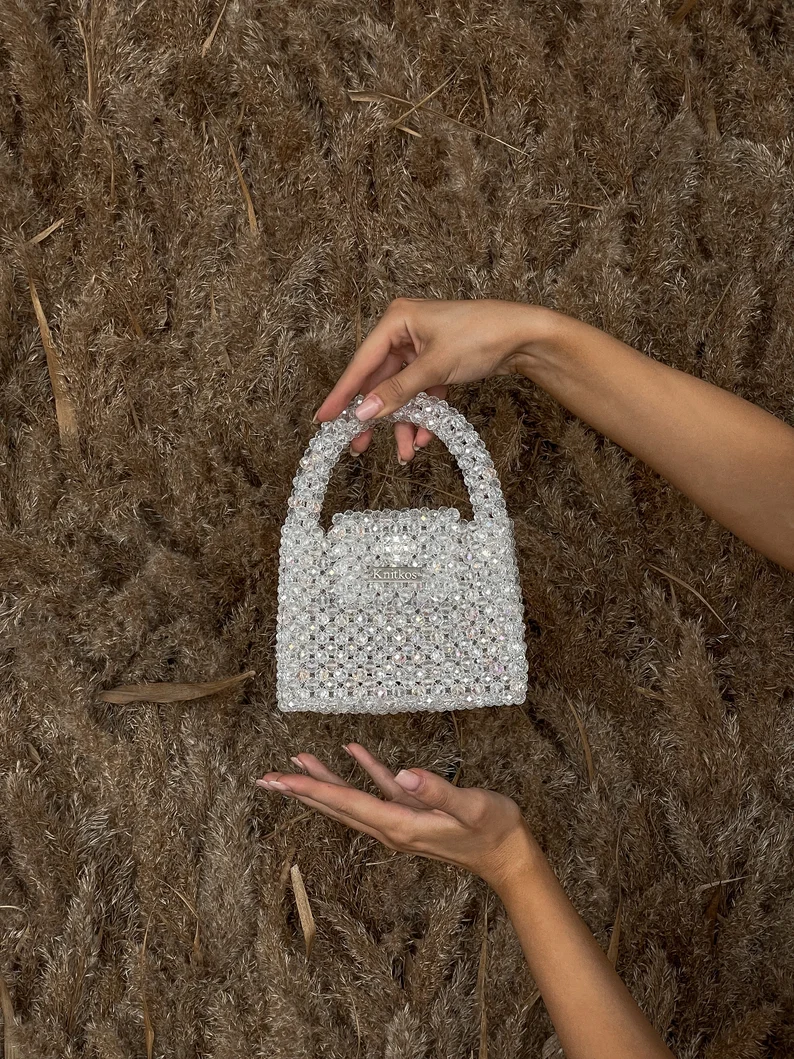  Knitkos crystal bag mini white with strap silver 