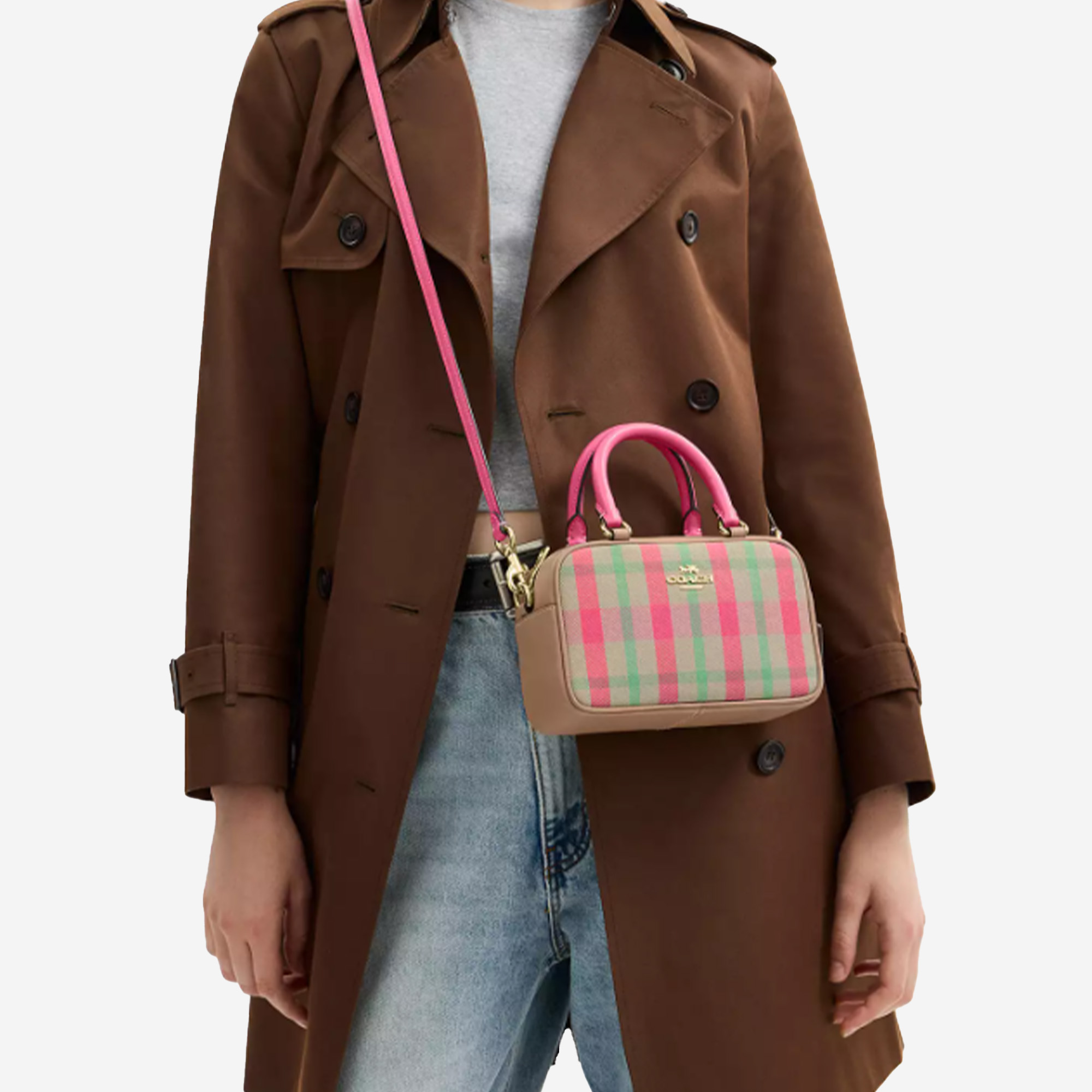  Coach Satchel Crossbody Bag With Plaid Print 