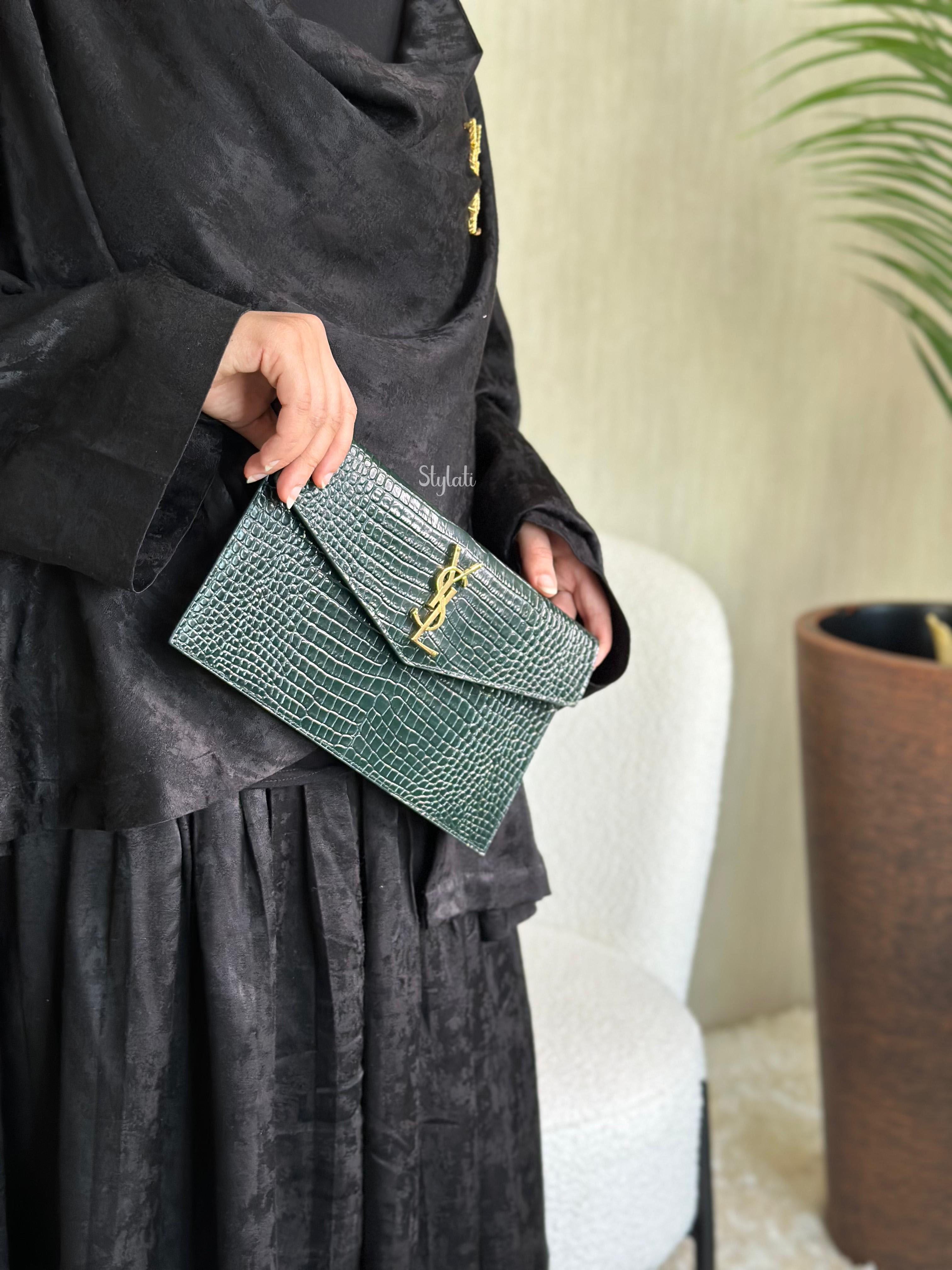  Saint Laurent Uptown Pouch In Crocodile-Embossed Shiny Leather 