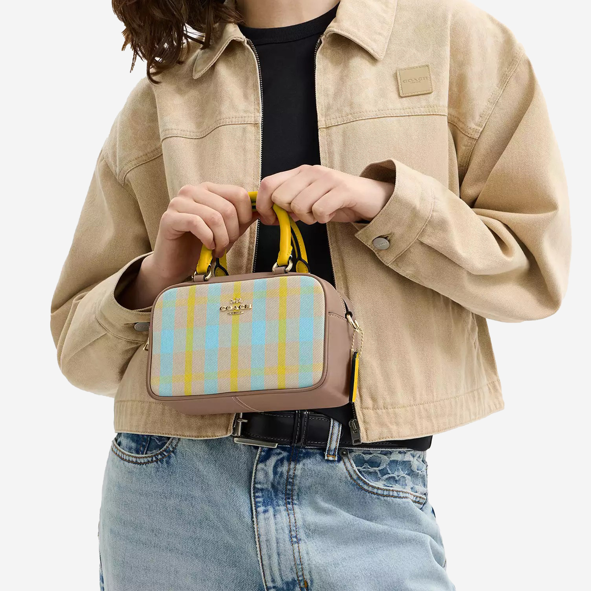  Coach Satchel Crossbody Bag With Plaid Print 