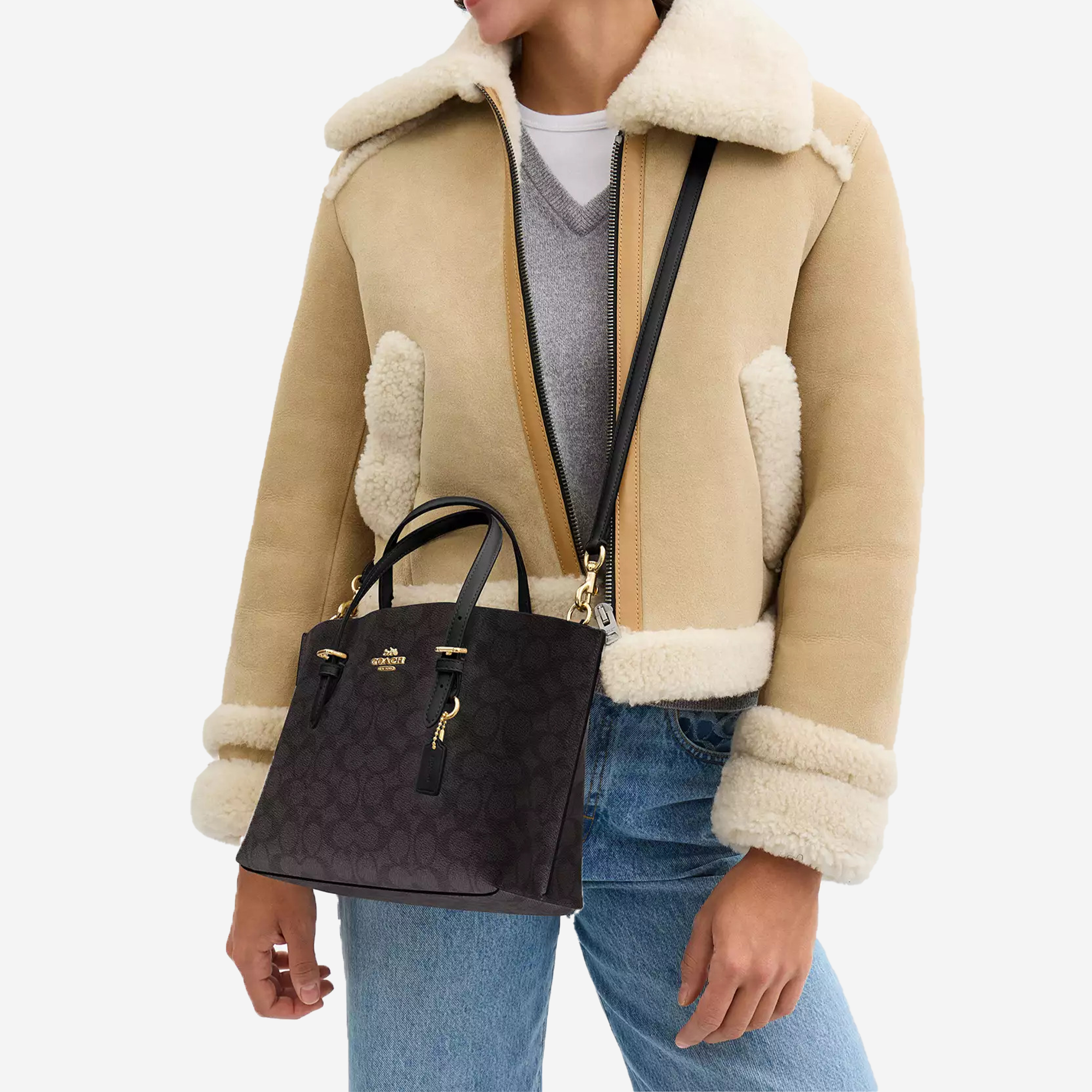  Coach Mollie Tote Bag 25 In Signature Canvas Walnut/Black 