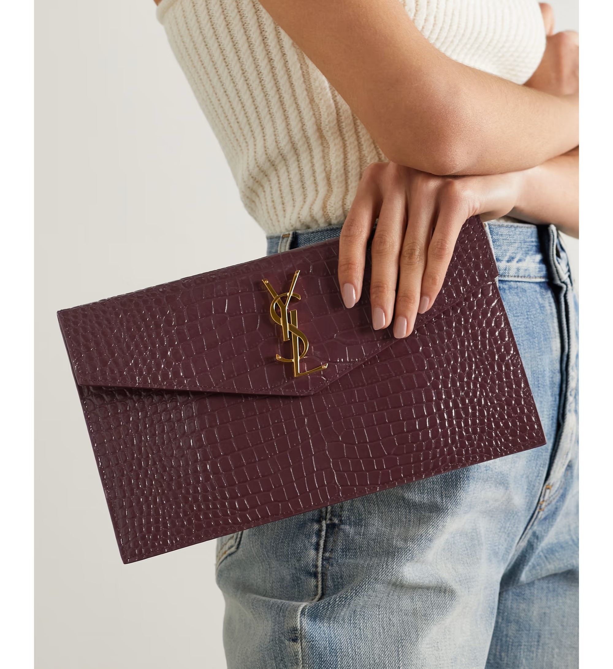  Saint Laurent Uptown Pouch In Crocodile-Embossed Shiny Leather 