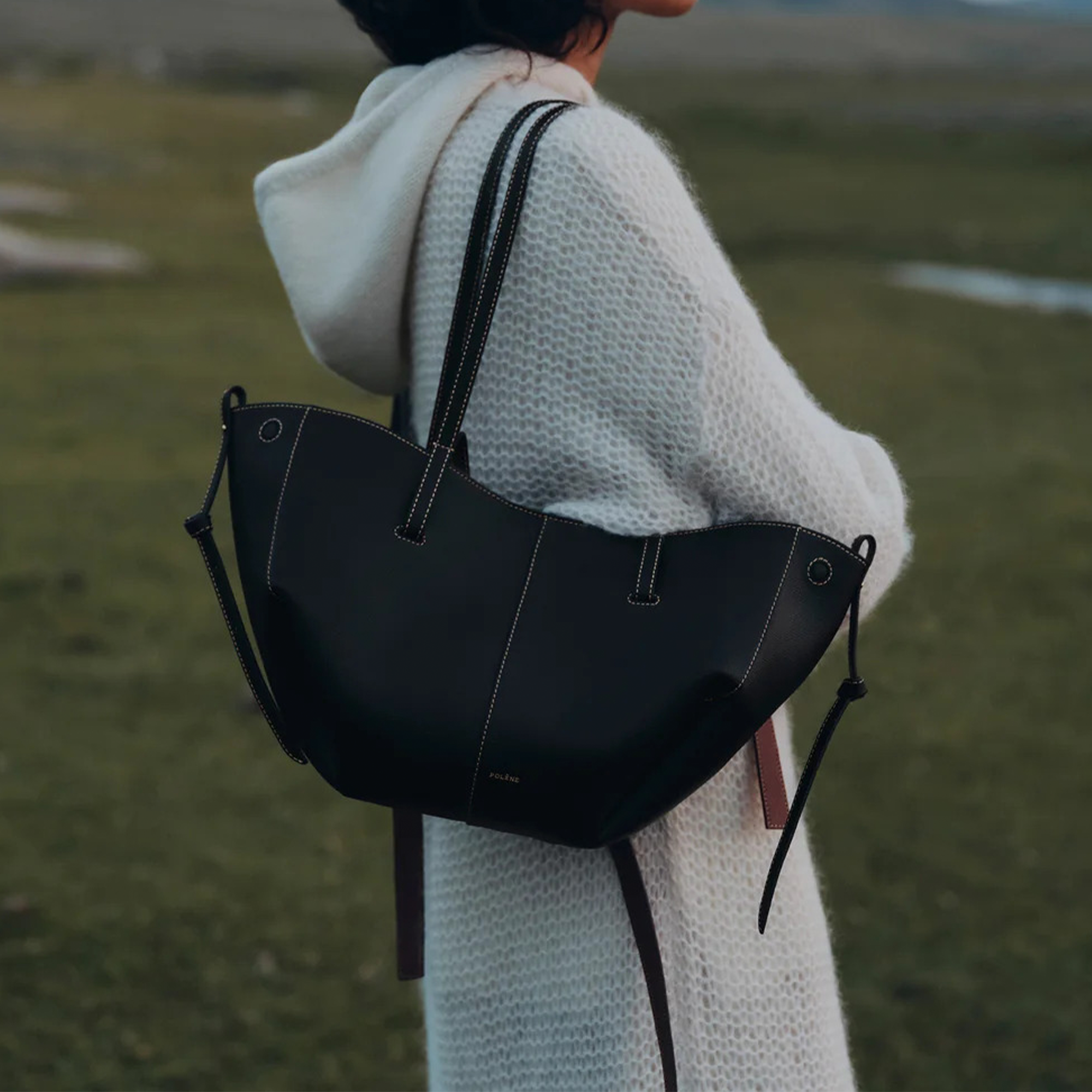  Polene Cyme Mini Edition Schwarz Nähte Ecru Genarbtes Leder Black (Pre-Order Within 14 Days) 