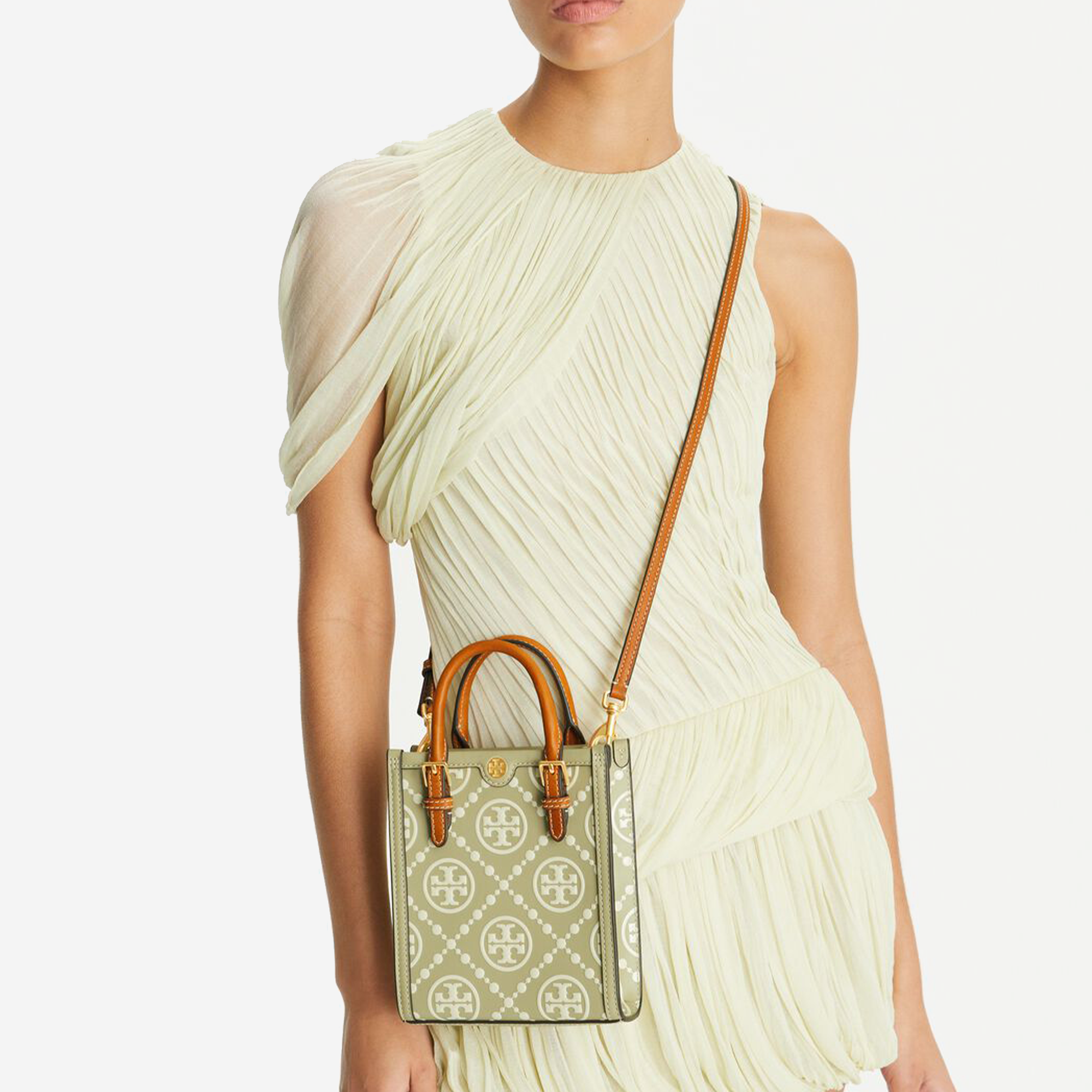  Tory Burch Mini T Monogram Contrast Embossed Tote Olive Sprig 