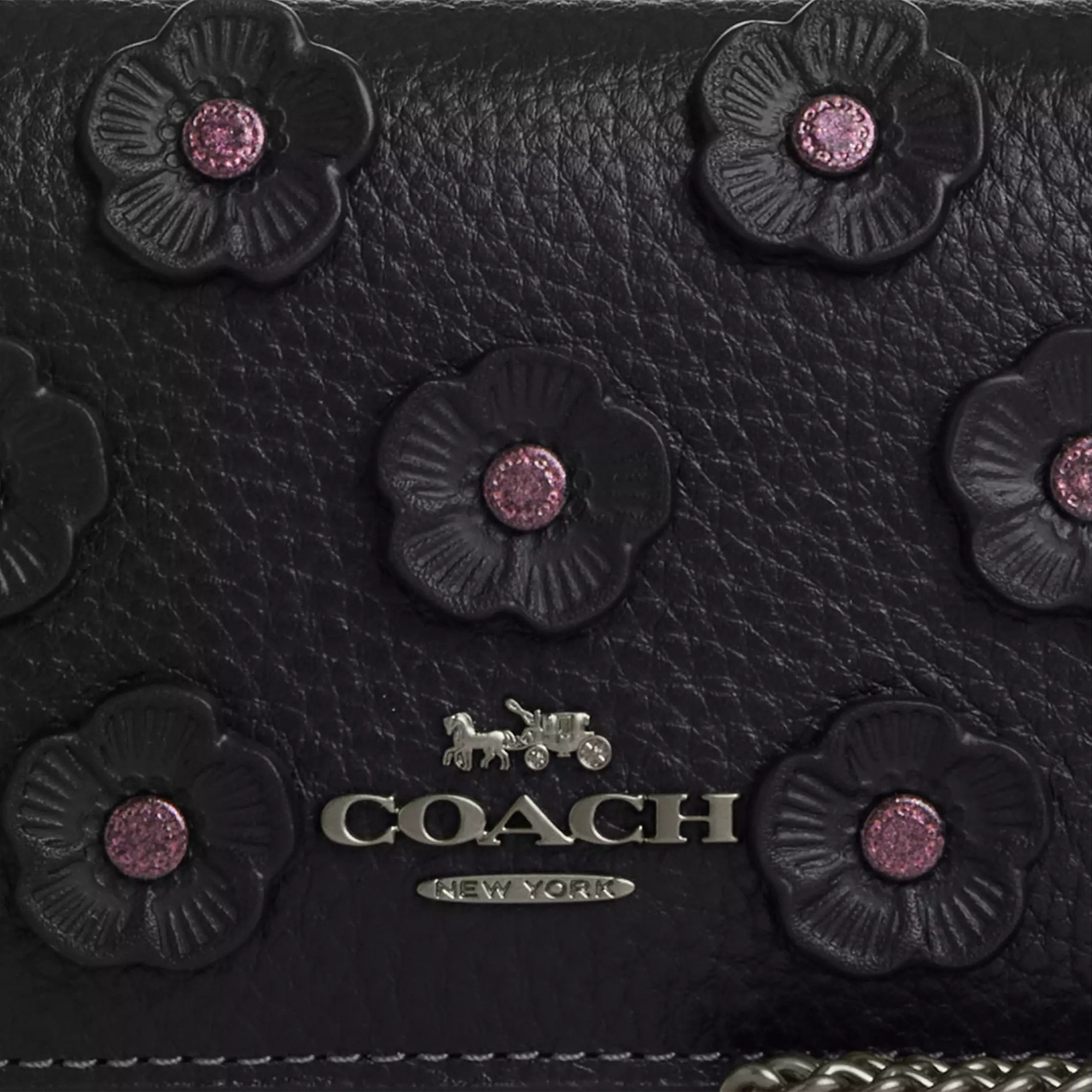   Coach Mini Wallet On A Chain With Floral Applique Gunmetal/Black  