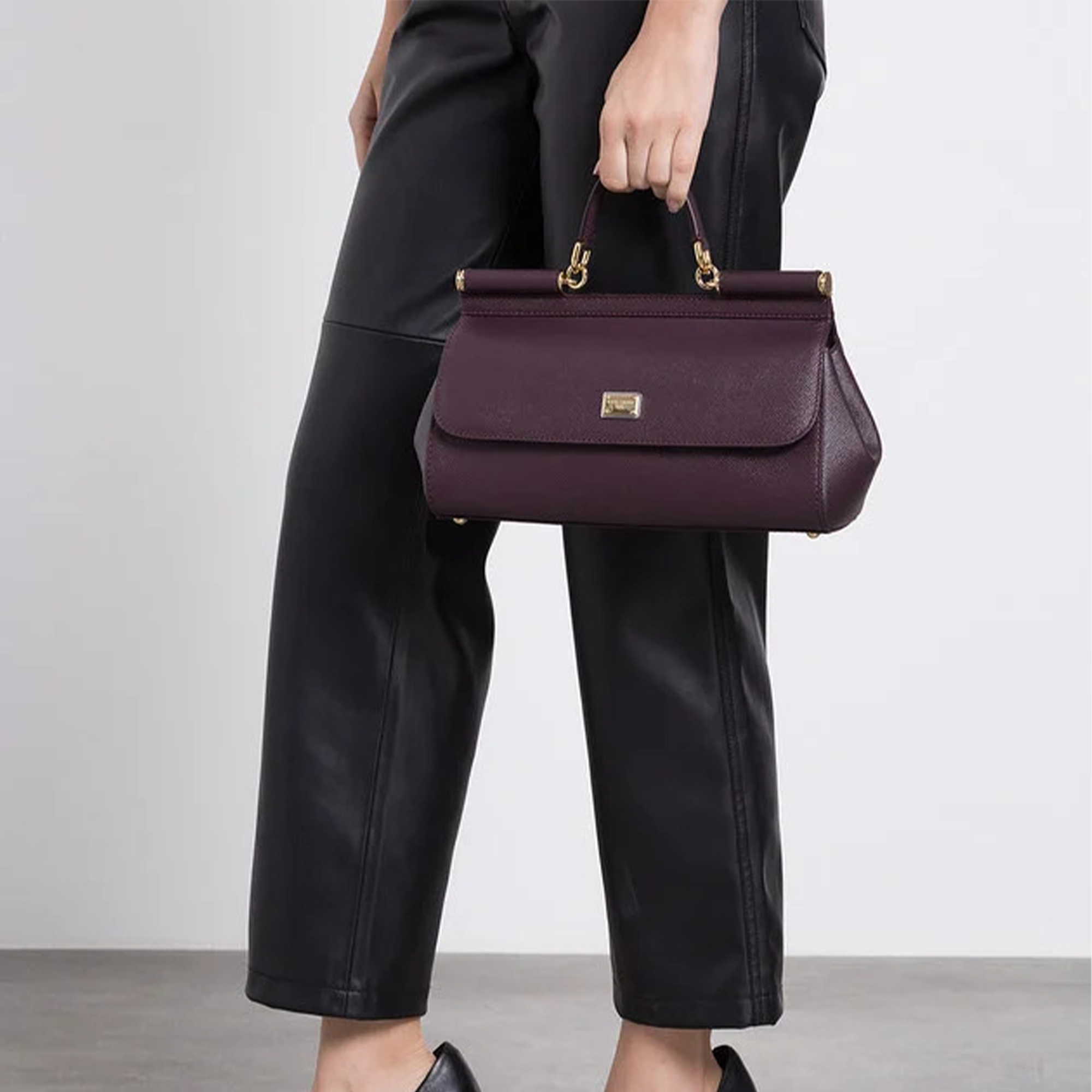  Dolce and Gabbana Elongated Sicily Top Handle Bag in Dauphine Leather Burgundy 