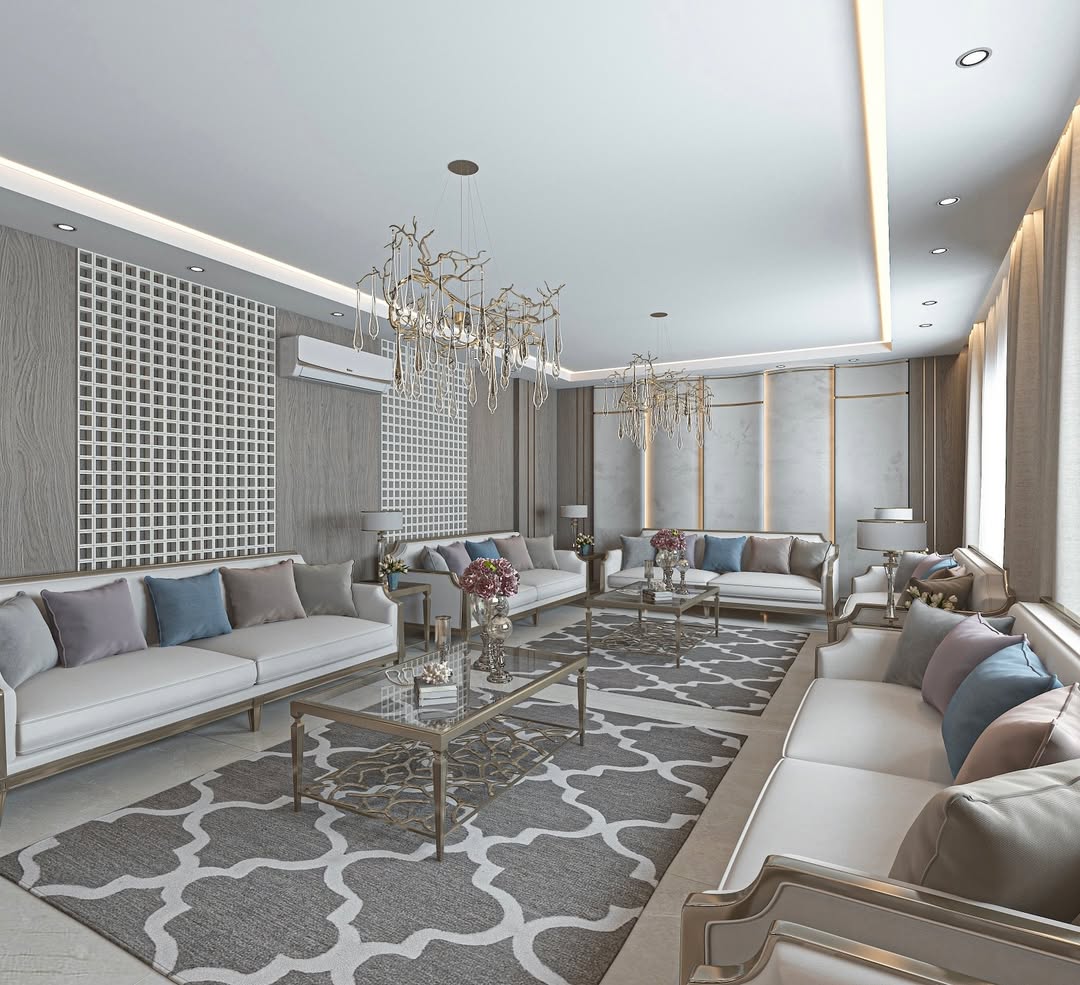 Image of a luxurious classic sofa set with elegant design and calm colors in a luxury living room