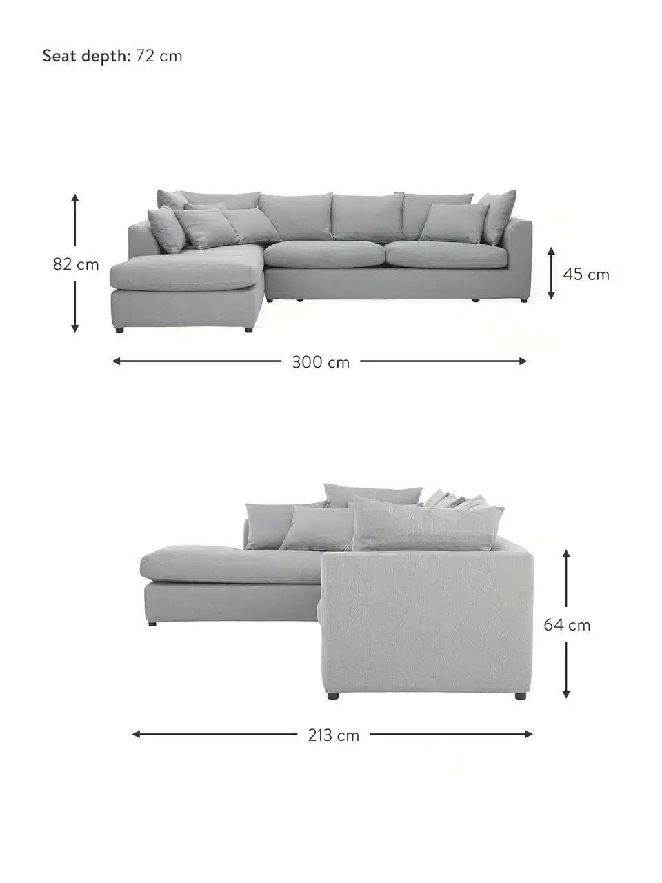 رسم توضيحي لأبعاد كنب ركني رمادي بزاوية يسار