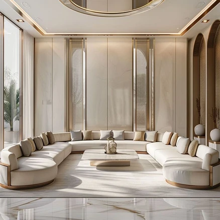 صورة لمجلس بتصميم خليجي متصل فاخر في غرفة معيشة أنيقة ذات تصميم داخلي عصري