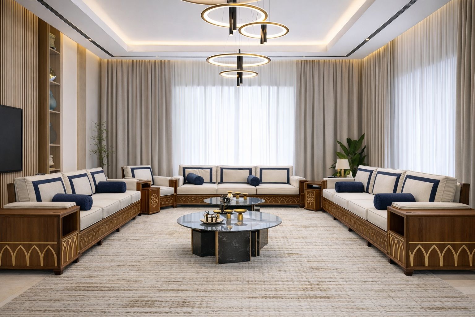 Luxurious living room with custommade sofas in authentic Saudi design