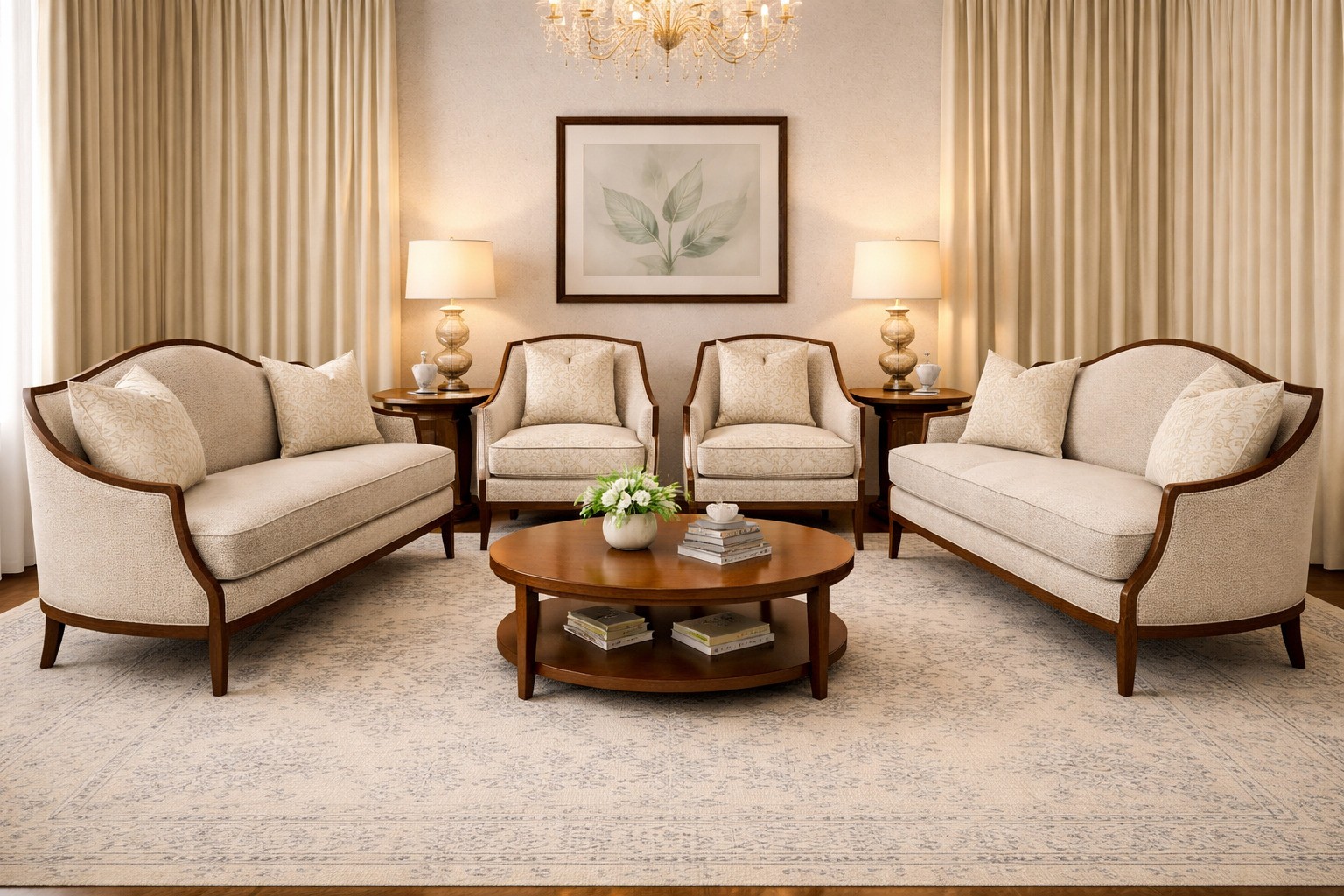 Beige classic sofa set with single chairs and wooden coffee table