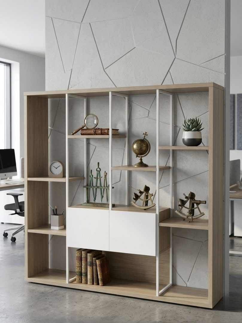 فاصل المساحات المودرن – مكتبة تخزين هندسية بتصميم مفتوح