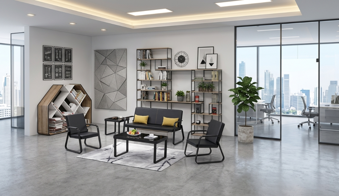 طقم كنب استقبال مكتبي مودرن بتصميم هندسي وقواعد معدنية صلبة