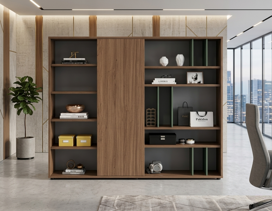 مكتبة فاخرة – نظام عرض وتخزين متكامل بتصميم خشبي داكن وتوزيع هندسي ذكي