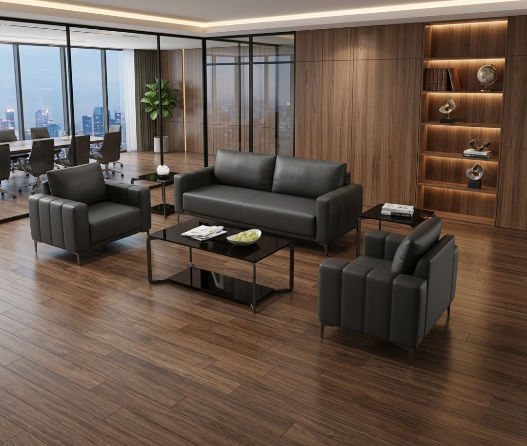 طقم كنب استقبال تنفيذي مودرن (1+1+3) بتصميم انسيابي وأرجل معدنية  مرتفعة بلونين 