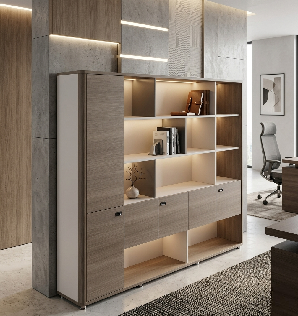 الخزانة  الإدارية – مكتبة عرض وتخزين ذكية مع تقسيمات هندسية عصريه