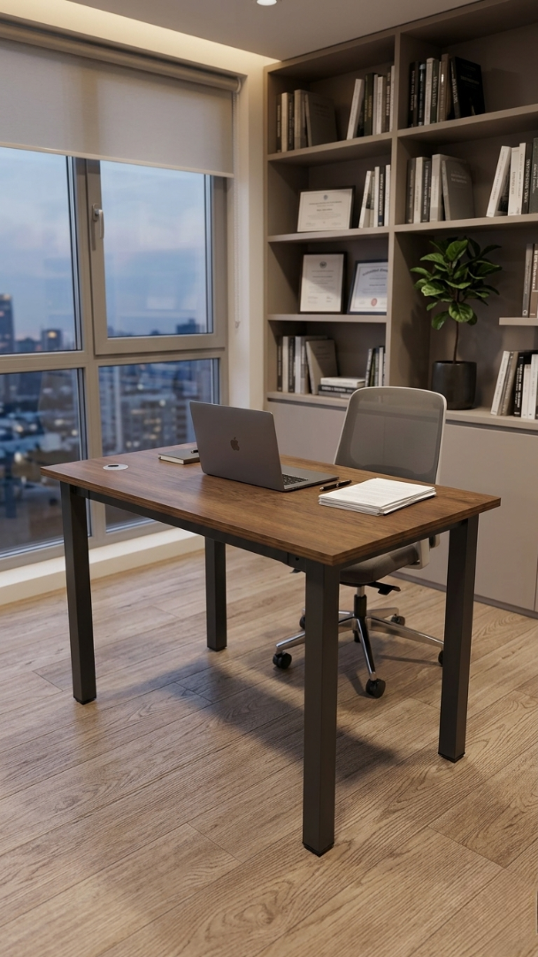 مكتب مميز  بسطح خشبي وتصميم انسيابي - مزيج رائع بين الالوان