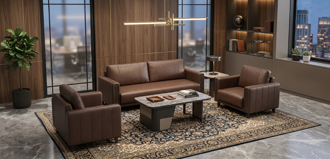 طقم كنب استقبال تنفيذي مودرن (1+1+3) بتصميم انسيابي وأرجل معدنية مرتفعة