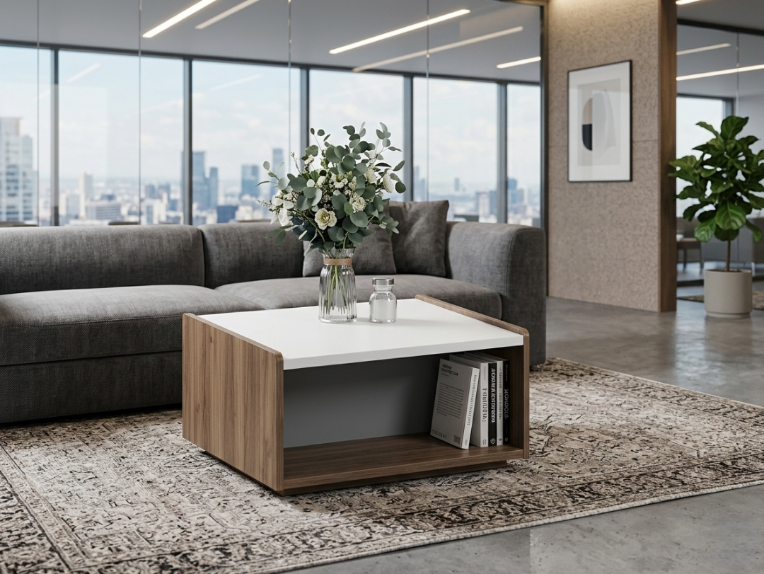 طاولة ضيافة – تصميم هندسي متداخل بلمسة خشبية دافئة وأرفف عرض جانبية