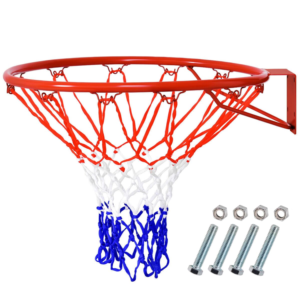  Iron wall-mounted basketball hoop with installation screws, net, and an additional ball. 