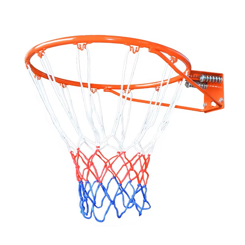  Iron wall-mounted basketball hoop with installation screws, net, and an additional ball. 