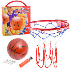  Iron wall-mounted basketball hoop with installation screws, net, and an additional ball. 