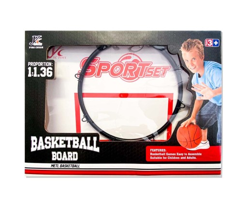  Iron wall-mounted basketball hoop with installation screws, net, and an additional ball. 
