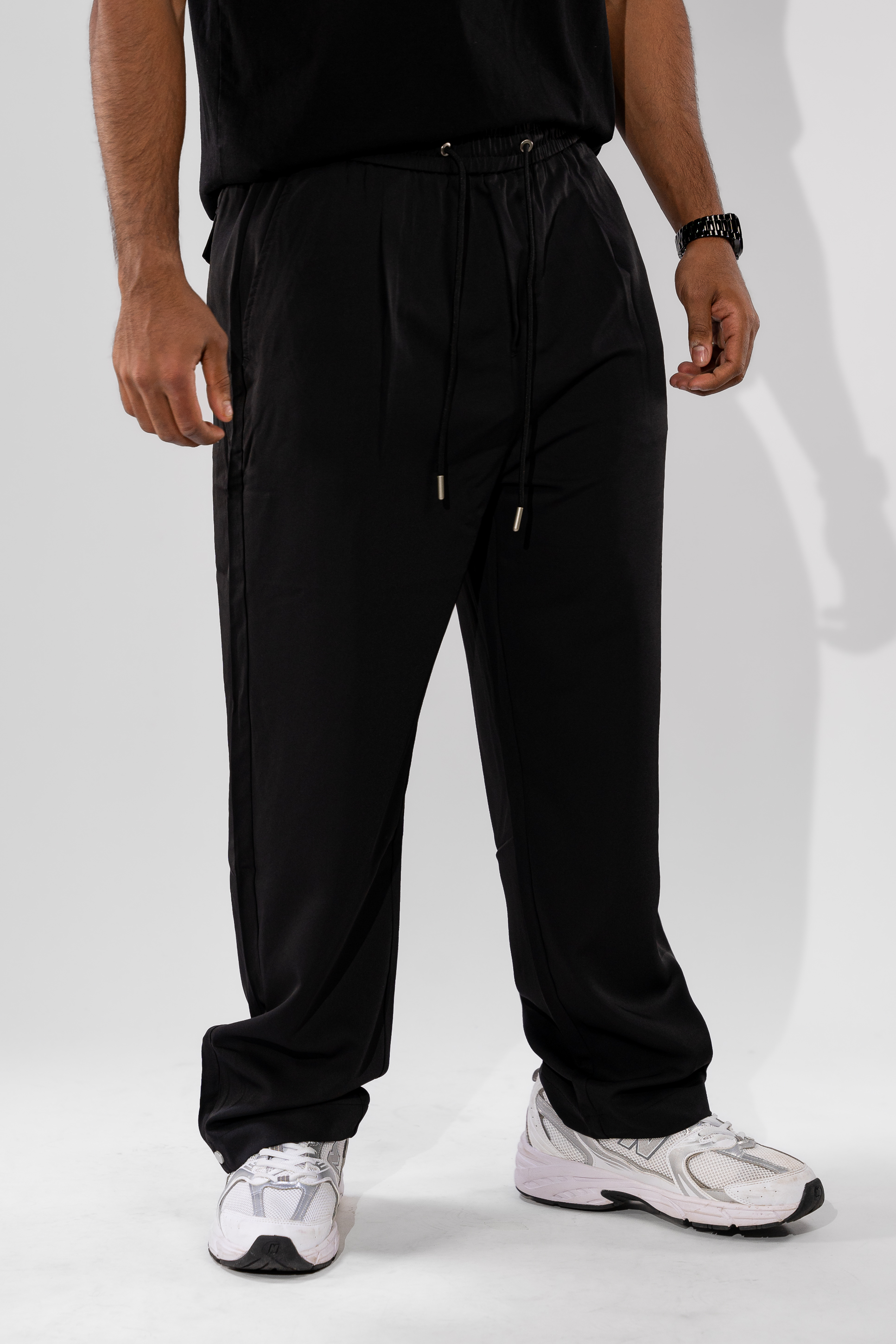 Black Casual Straight Leg Pants with Waist Tie