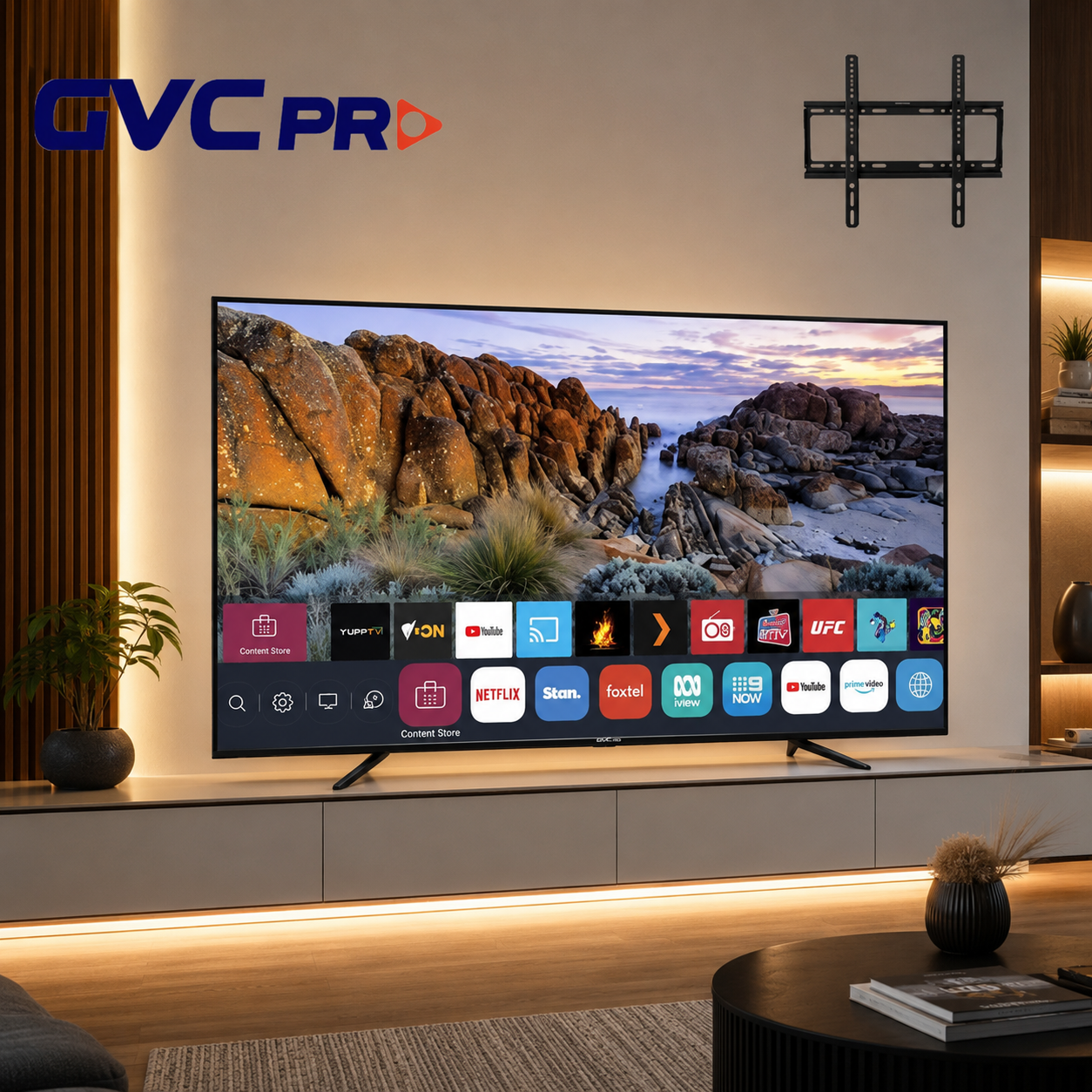 شاشة جي في سي برو ذكية 50 بوصة بدقة 4K UHD تعمل بنظام ويب أو إس بدون حواف مع الريموت السحري