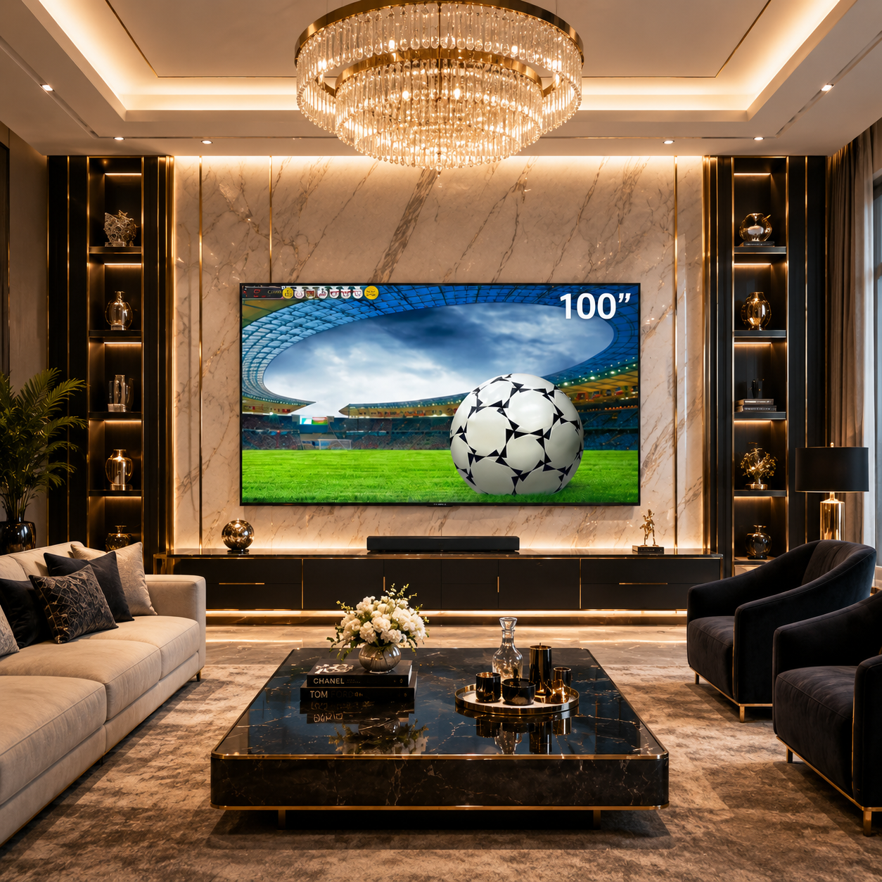 شاشة سينمائية جبارة كي ام سي ذكية مقاس 85 بوصة بدقة 4K UHD بتصميم فاخر بدون إطار تدعم الصوت المحيطي